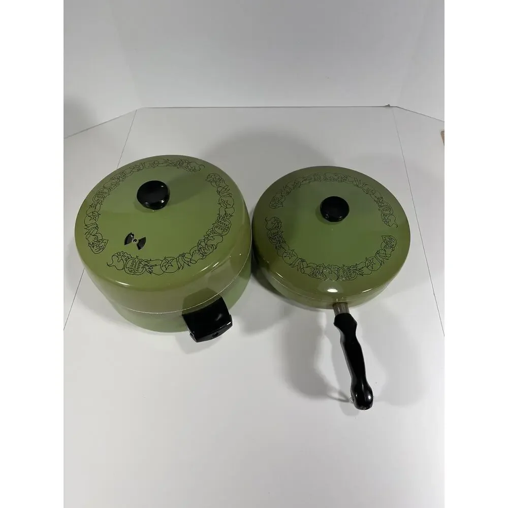 2 x Wear-Ever Registered Aluminum Green Enamel 5 QT Stock Pot +Fry Dia Pot +lids